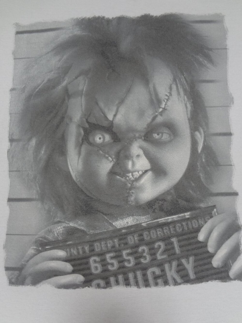 VINTAGE Y2K CHUCKY HORROR MUGSHOT CHILDS PLAY WHITE XL T-SHIRT M83 *HOLE